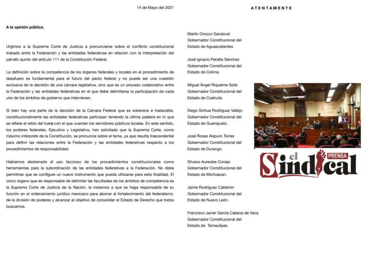 PIDEN GOBERNADORES A LA SUPREMA CORTE DEFINIR COMPETENCIA DE LOS GOBIERNOS EN EL TEMA DE DESAFUERO