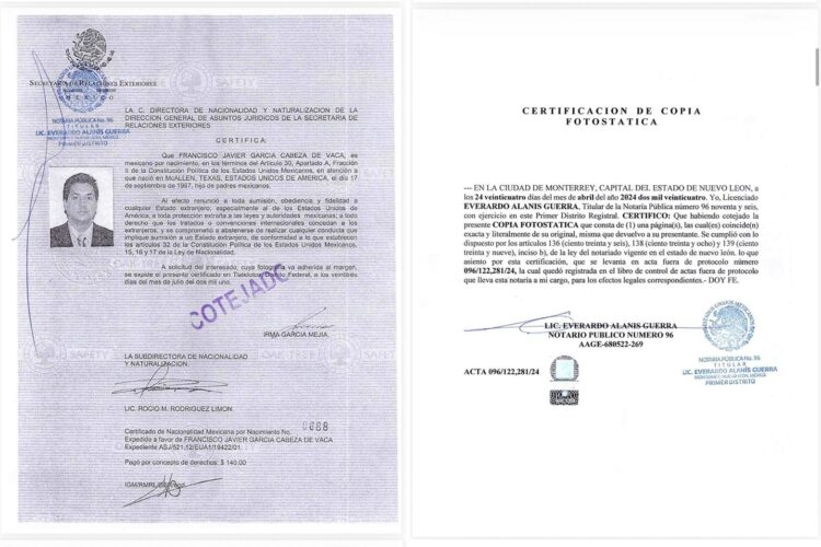Cabeza de Vaca renunció a nacionalidad de EU desde 2001; enfrenta órdenes de captura