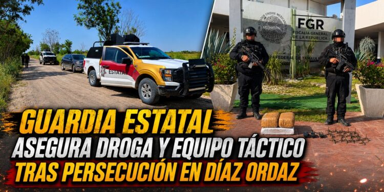 Guardia Estatal asegura droga y equipo táctico tras persecución en Díaz Ordaz